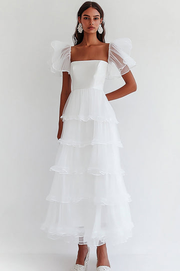 White A Line Square Neck Ruffled Long Wedding Dress with Short Sleeves